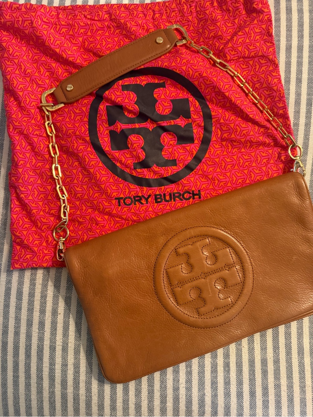 Tory Burch Brown Leather Clutch with Removable Chain Strap